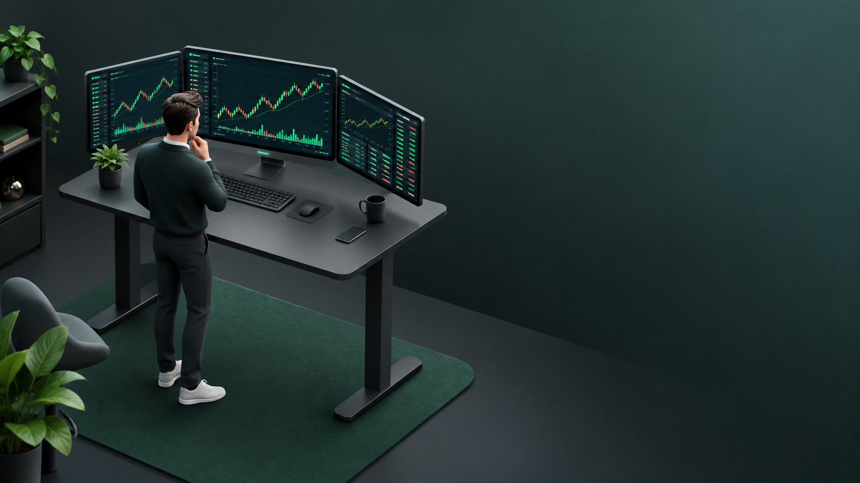 Investor at a standing desk watching fast moving intraday stock charts