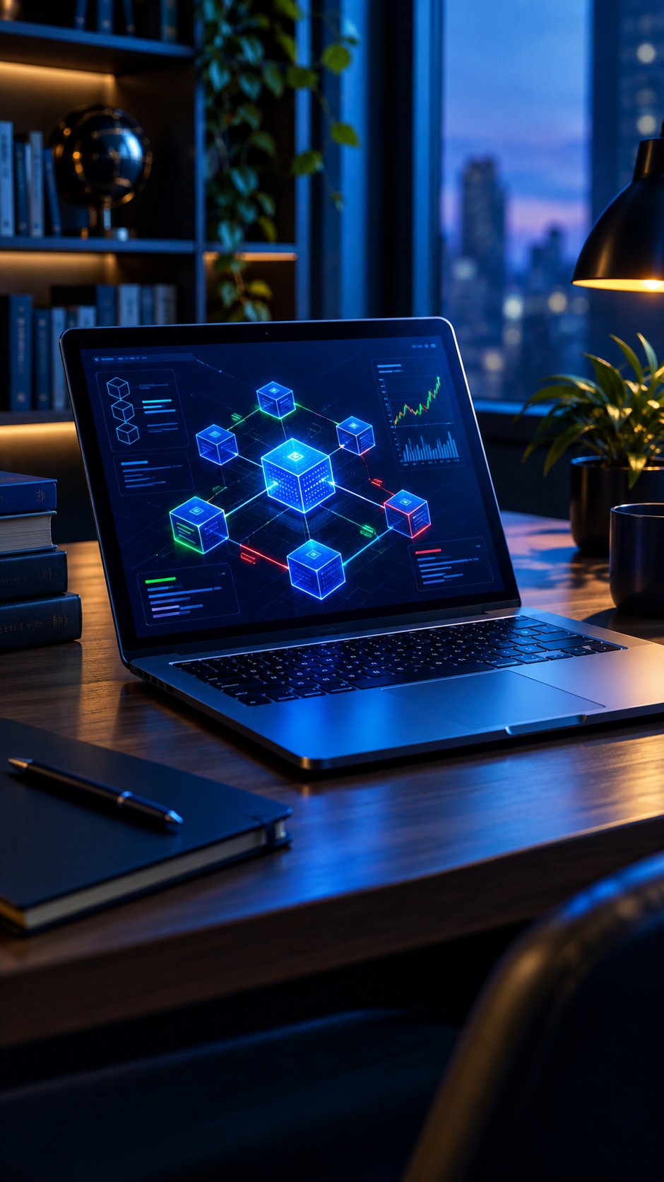 Student laptop showing blockchain diagrams in a cozy study