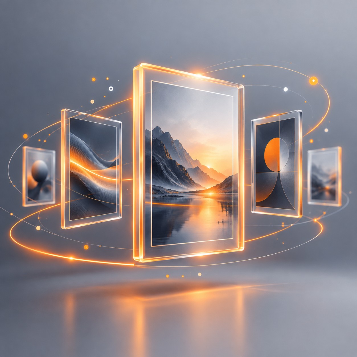 Floating digital art frames made of light in a virtual gallery